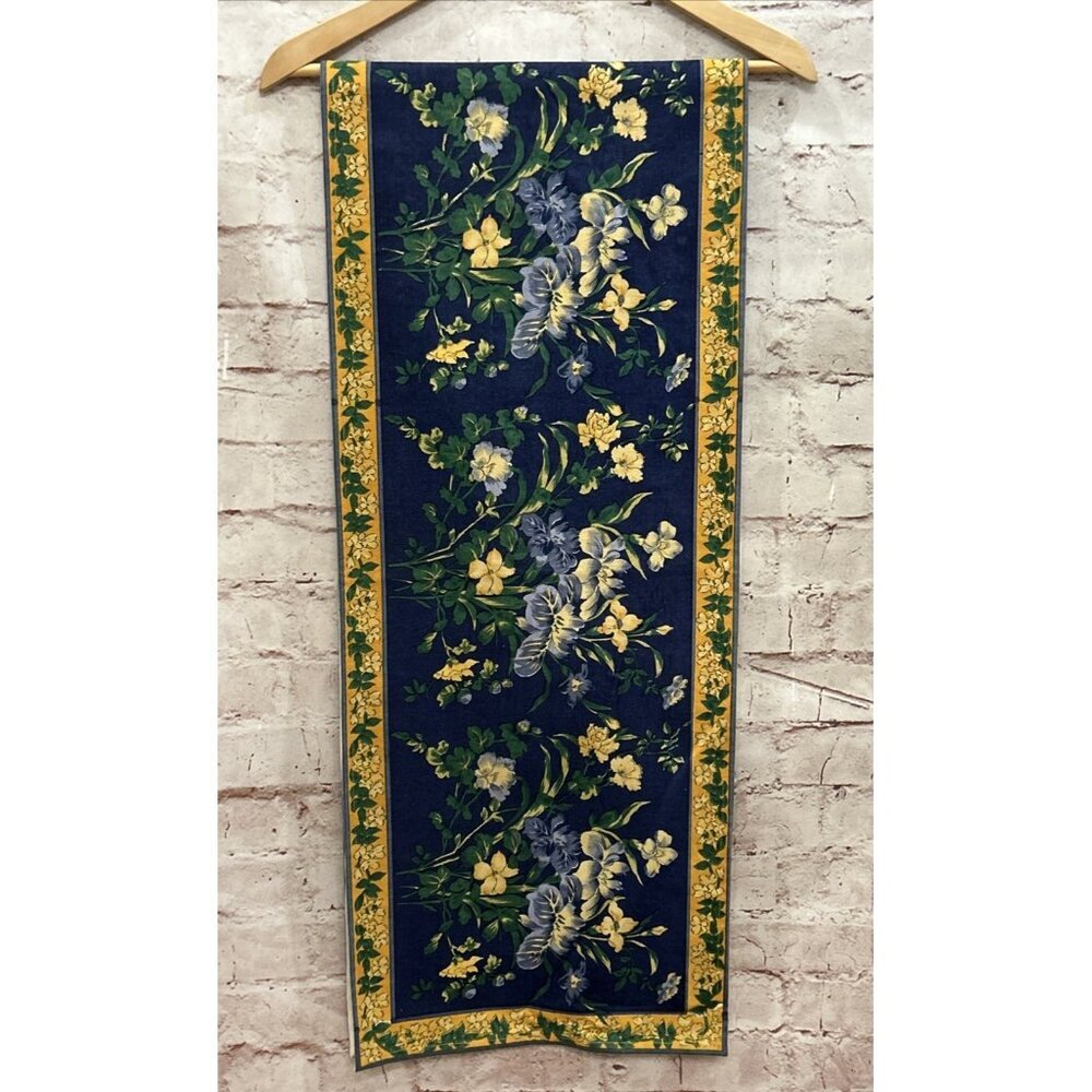 French Country Cotton Canvas Table Runner Blue Yellow Floral Cottage 65" x 13"